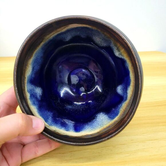 Signed Studio Pottery Bowl – Fan Mark – Drip Glaze in Indigo & Earth Tones – 6.5 - Picture 9 of 11